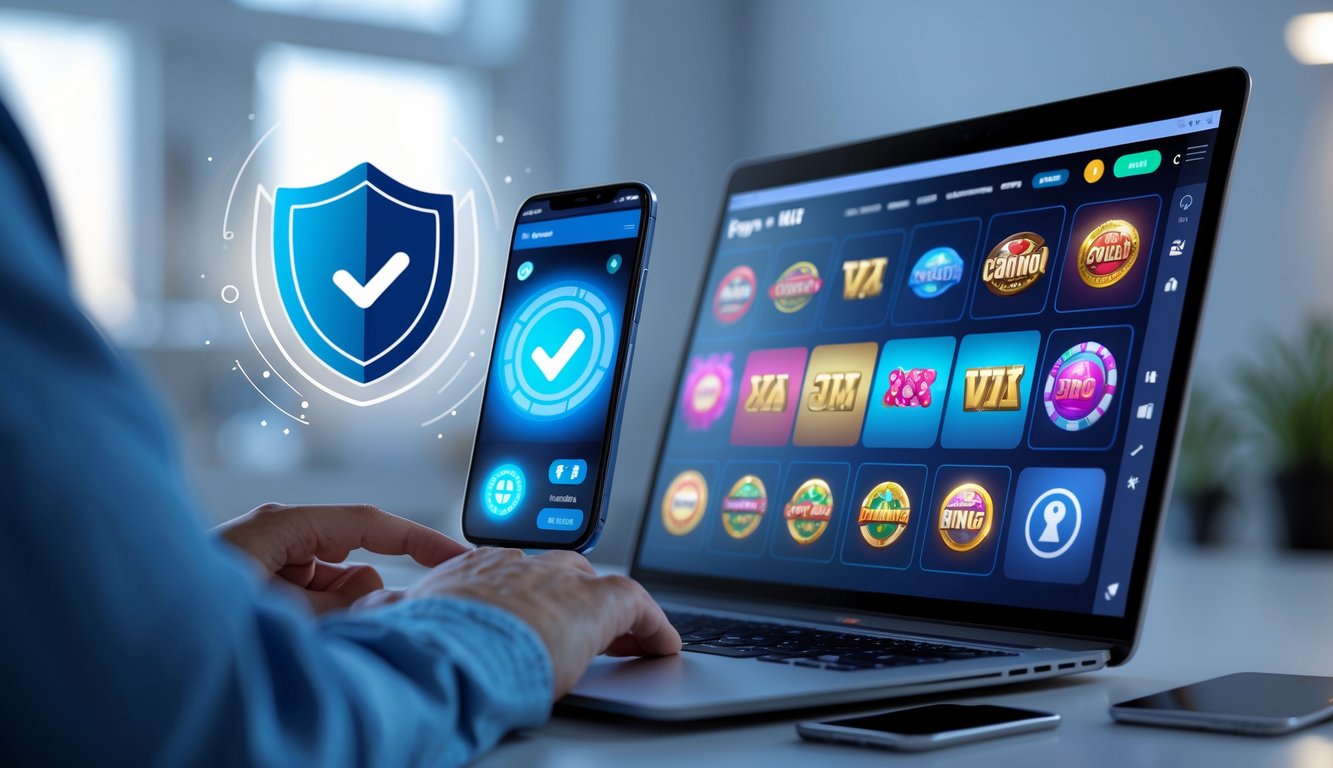 Seseorang menggunakan laptop dan ponsel dengan tampilan permainan kasino dan bingo online, di latar belakang ada simbol keamanan seperti perisai dan gembok.