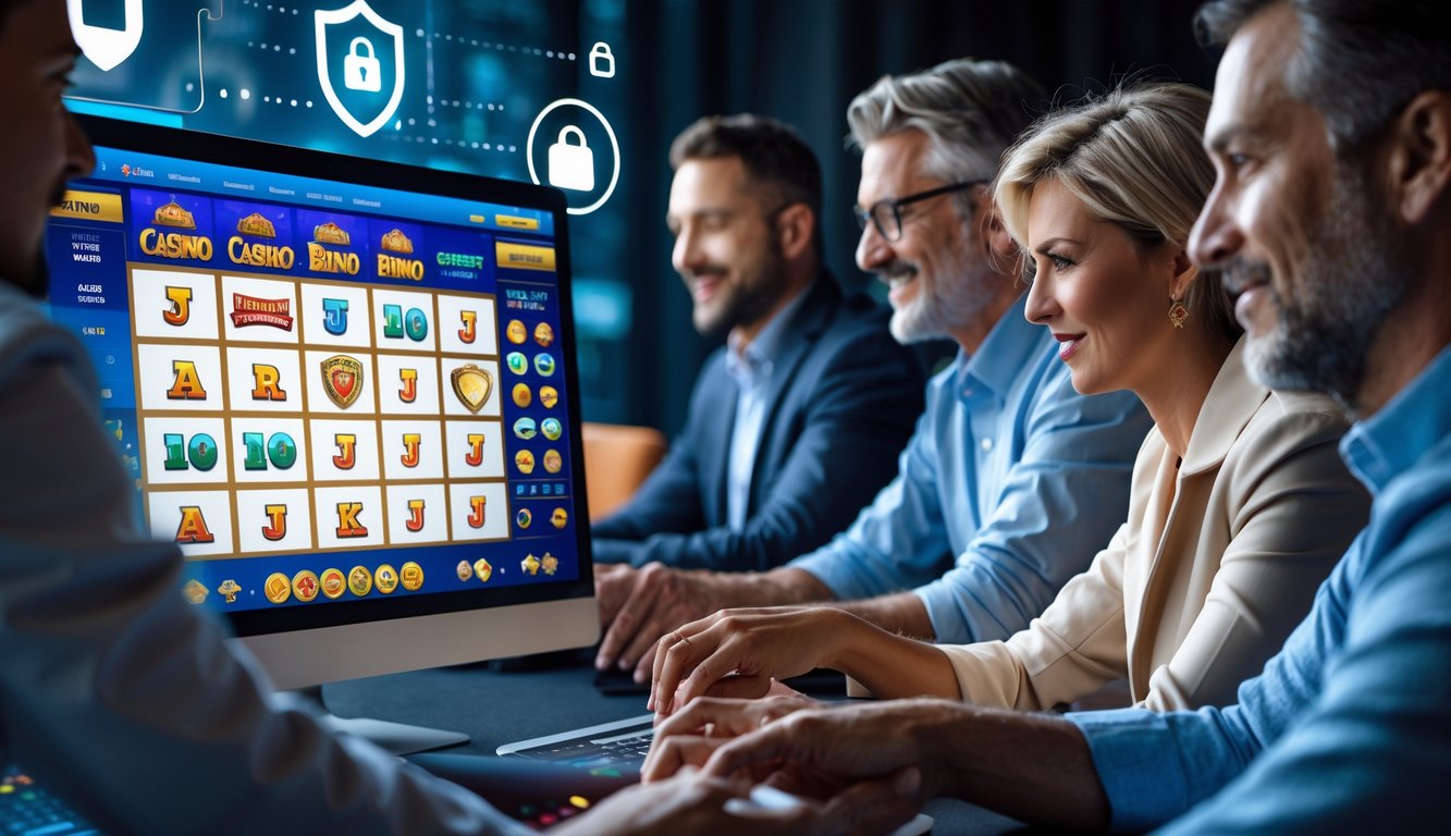 Orang-orang sedang bermain dan berdiskusi di depan komputer dengan tampilan permainan casino dan bingo online yang aman dan terpercaya.