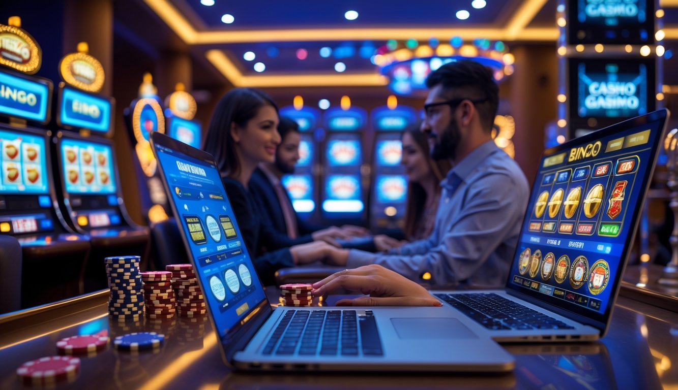 Sekelompok orang menggunakan perangkat digital di lingkungan kasino dengan elemen permainan seperti chip poker dan kartu remi.