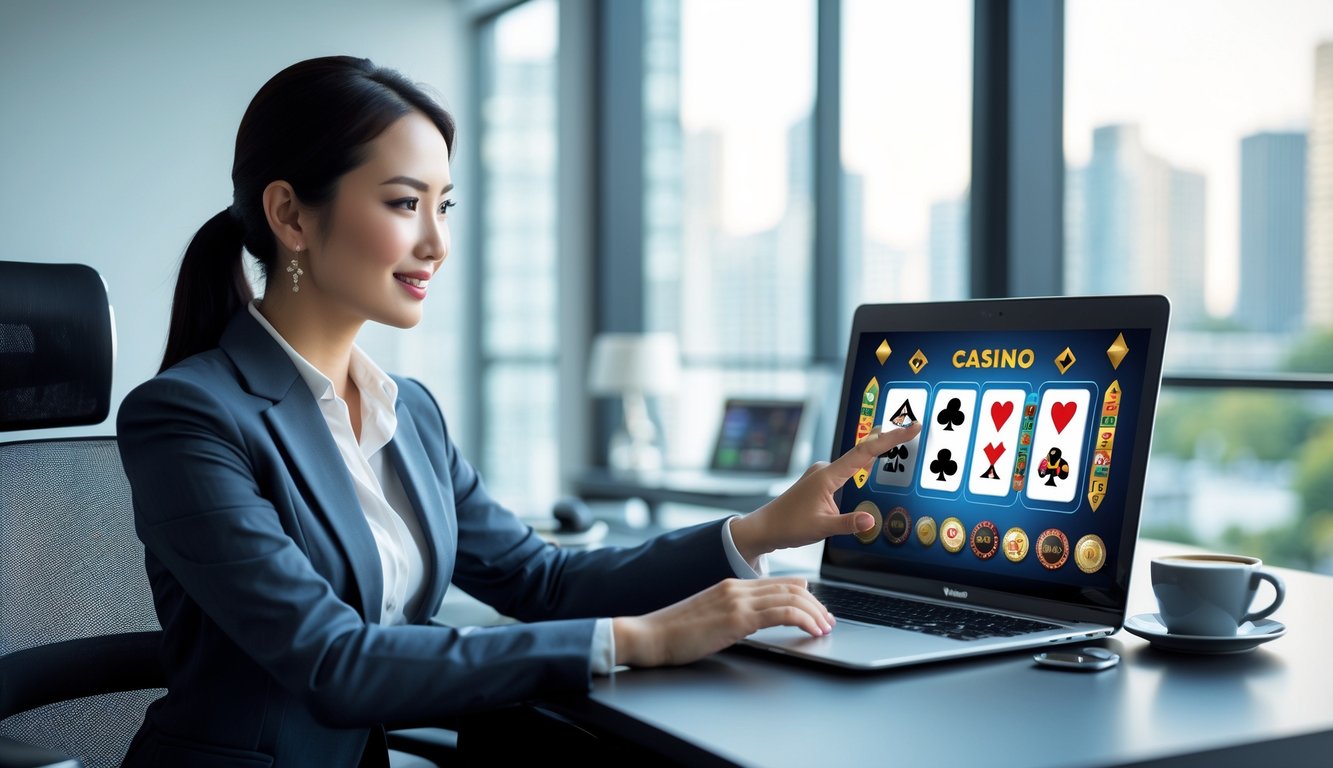 Seorang wanita profesional duduk di depan laptop dengan tampilan permainan kasino dan bingo online di layar, di ruang kantor modern yang terang dan rapi.