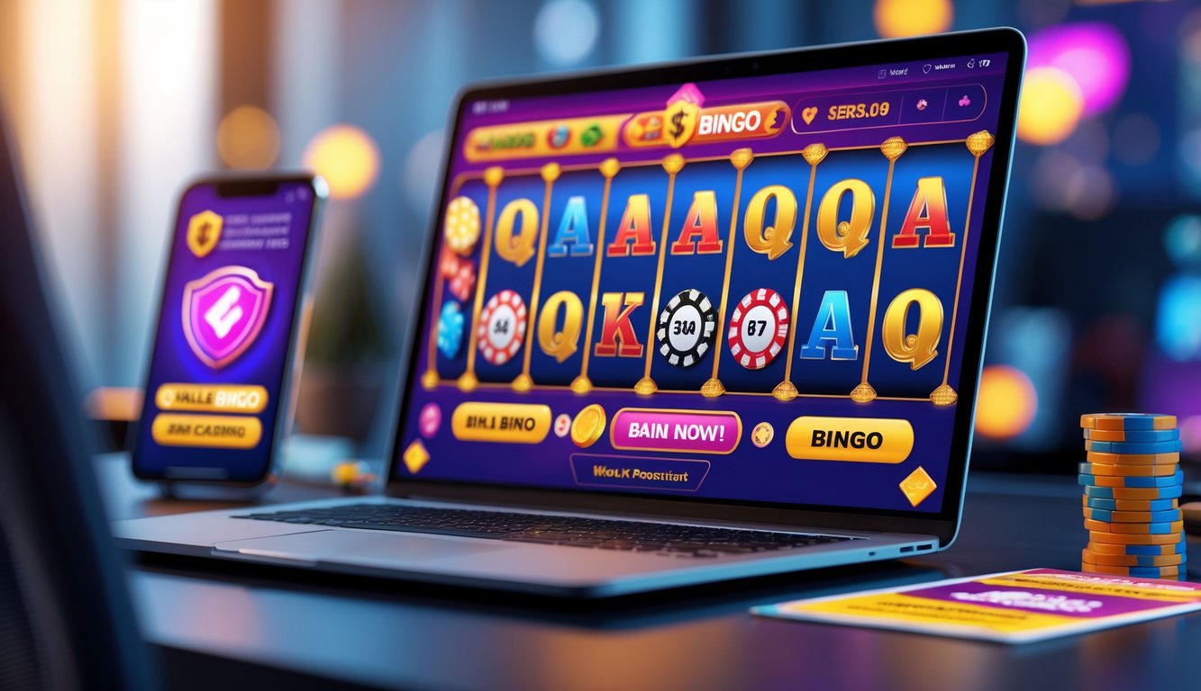 Sebuah layar komputer menampilkan permainan kasino dan bingo online dengan suasana yang menarik dan profesional.