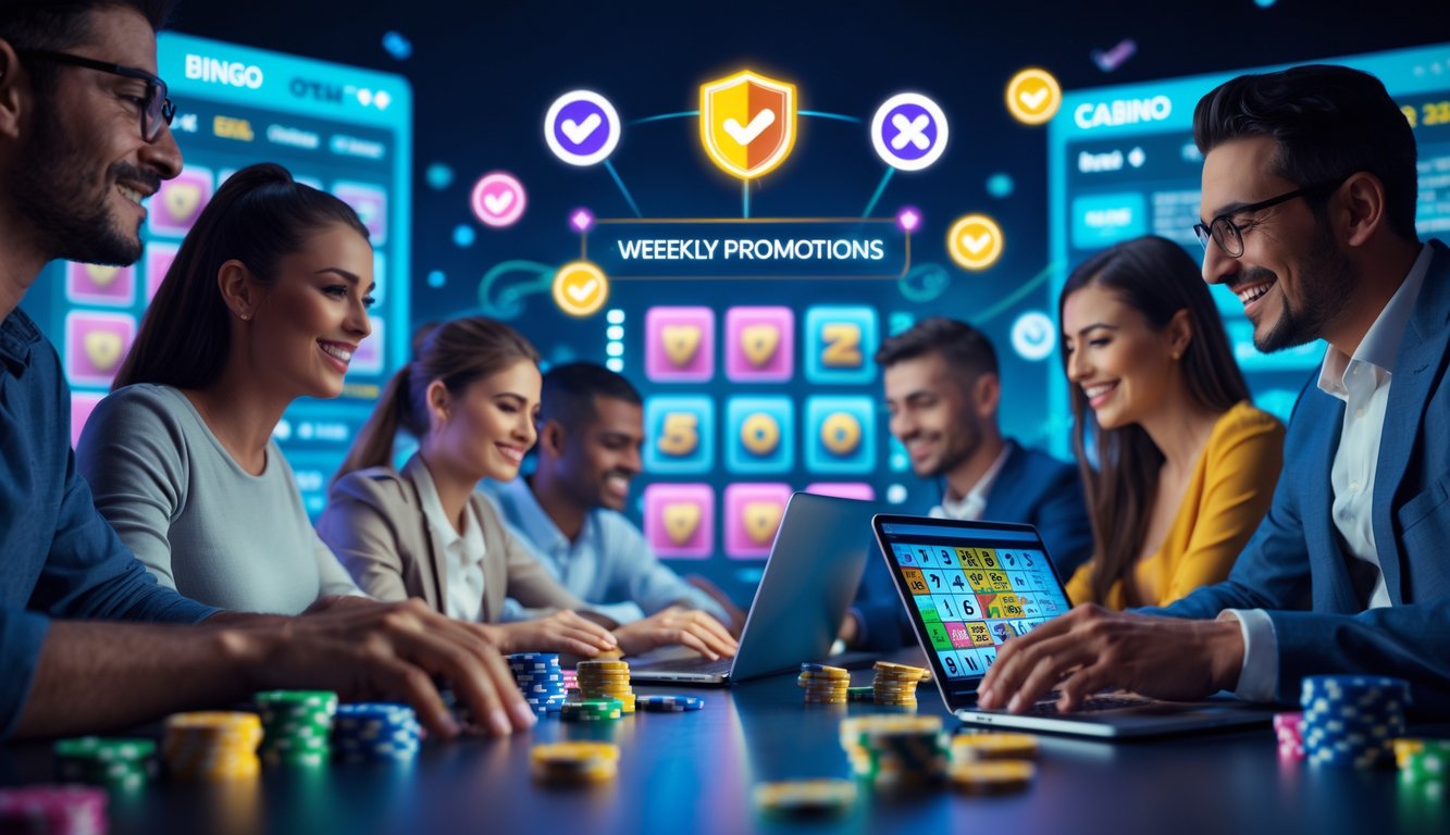 Beberapa orang sedang bermain permainan kasino online menggunakan laptop dan ponsel di lingkungan yang modern dan cerah.