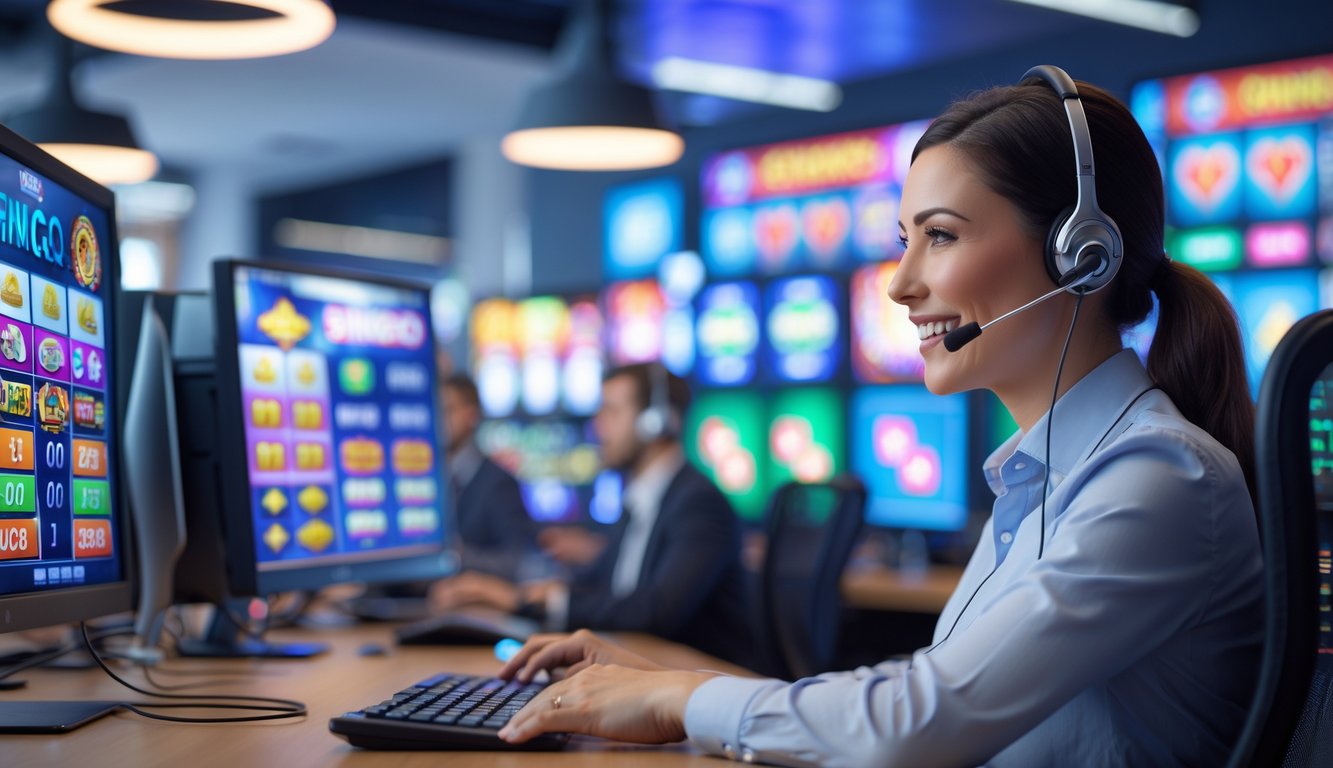Seorang perwakilan layanan pelanggan sedang bekerja di depan komputer dengan layar menampilkan permainan kasino dan bingo online.
