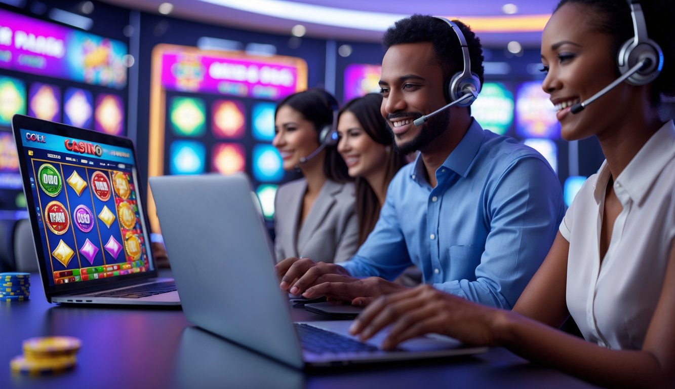 Sejumlah orang menggunakan perangkat digital untuk bermain permainan kasino online dengan seorang petugas layanan pelanggan yang tersenyum mengenakan headset.