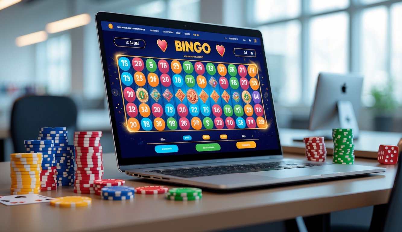 Suasana ruang kerja modern dengan komputer menampilkan permainan bingo online dan elemen kasino seperti chip dan kartu, menggambarkan layanan judi online terpercaya.