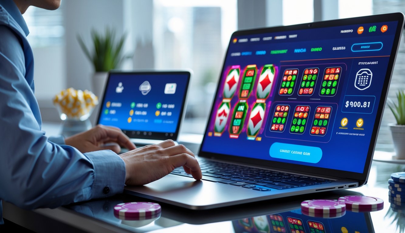 Seseorang menggunakan laptop dengan tampilan permainan kasino dan bingo online, di meja kerja yang rapi dengan kartu remi dan chip poker, menunjukkan konsep agen judi online terpercaya dengan pembayaran tepat waktu.