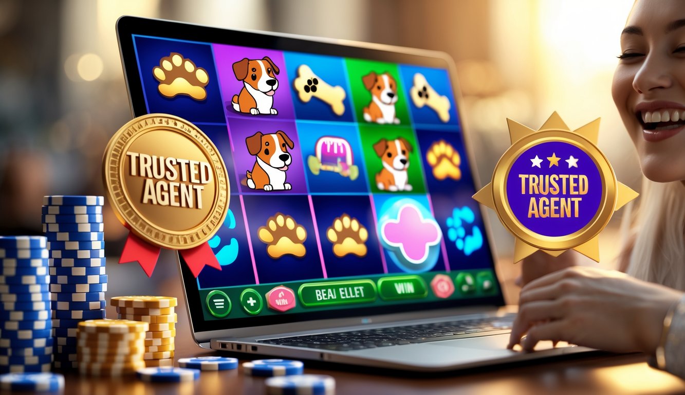 Seorang pemain yang gembira duduk di depan komputer dengan layar menampilkan permainan slot online bertema rumah anjing, dikelilingi oleh simbol keberuntungan dan tanda kepercayaan.