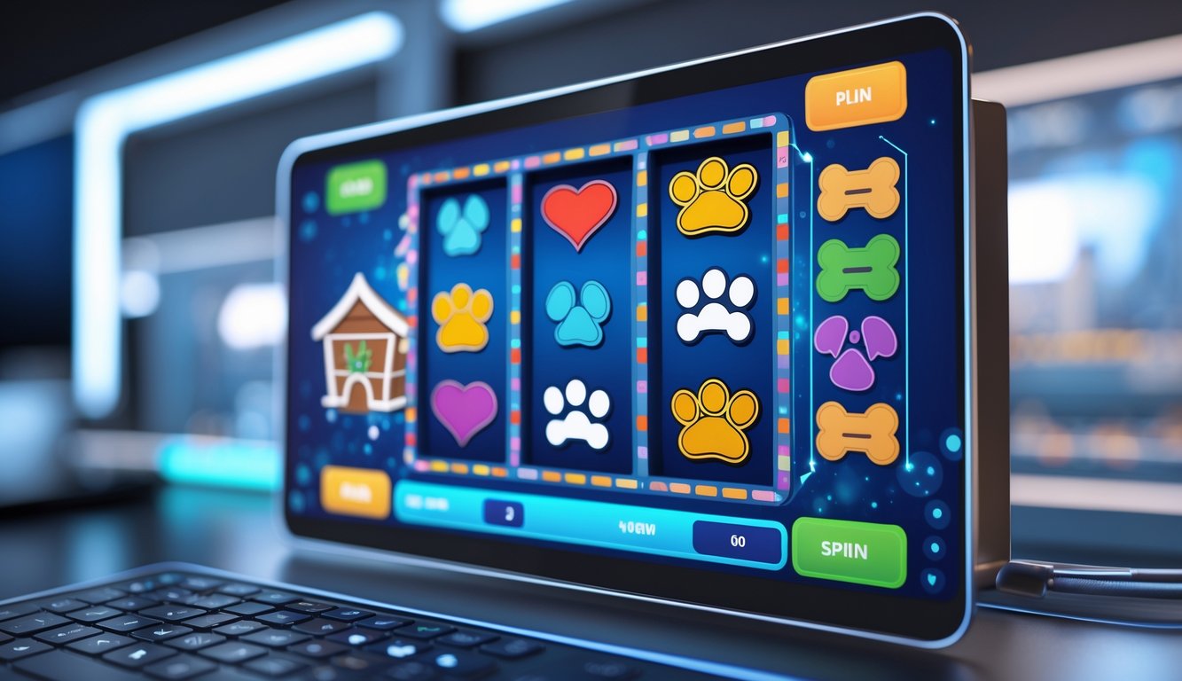 Layar komputer menampilkan permainan slot bertema rumah anjing dengan ikon-ikon anjing dan simbol pembayaran digital.