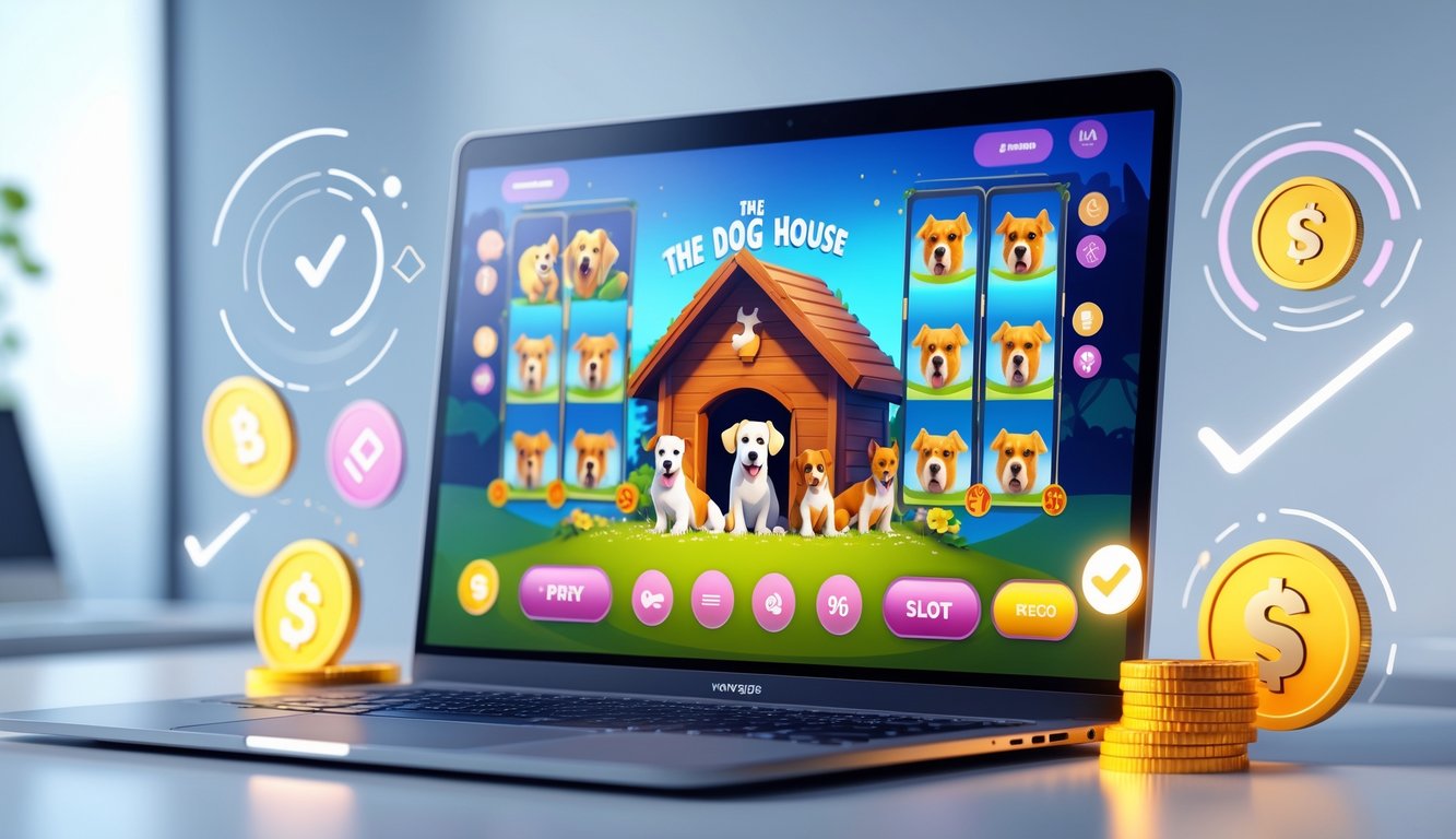 Sebuah komputer menampilkan permainan slot bertema rumah anjing dengan simbol anjing, dikelilingi ikon pembayaran digital dan tanda centang untuk menunjukkan kecepatan dan kepercayaan.