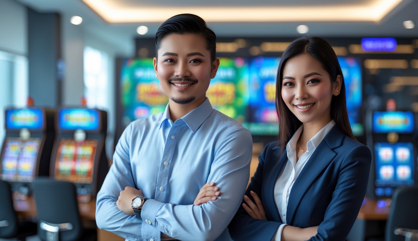 Seorang pria dan wanita Indonesia berdiri bersama di kantor modern, tersenyum ramah dengan latar belakang elemen permainan slot yang samar.