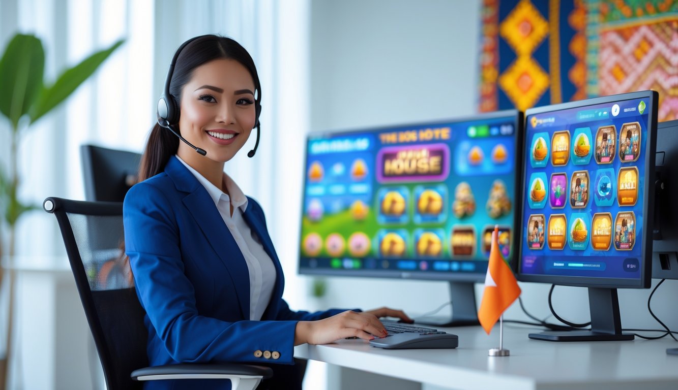 Seorang agen layanan pelanggan yang ramah duduk di meja kantor modern dengan beberapa layar komputer menampilkan permainan slot online bertema The Dog House.