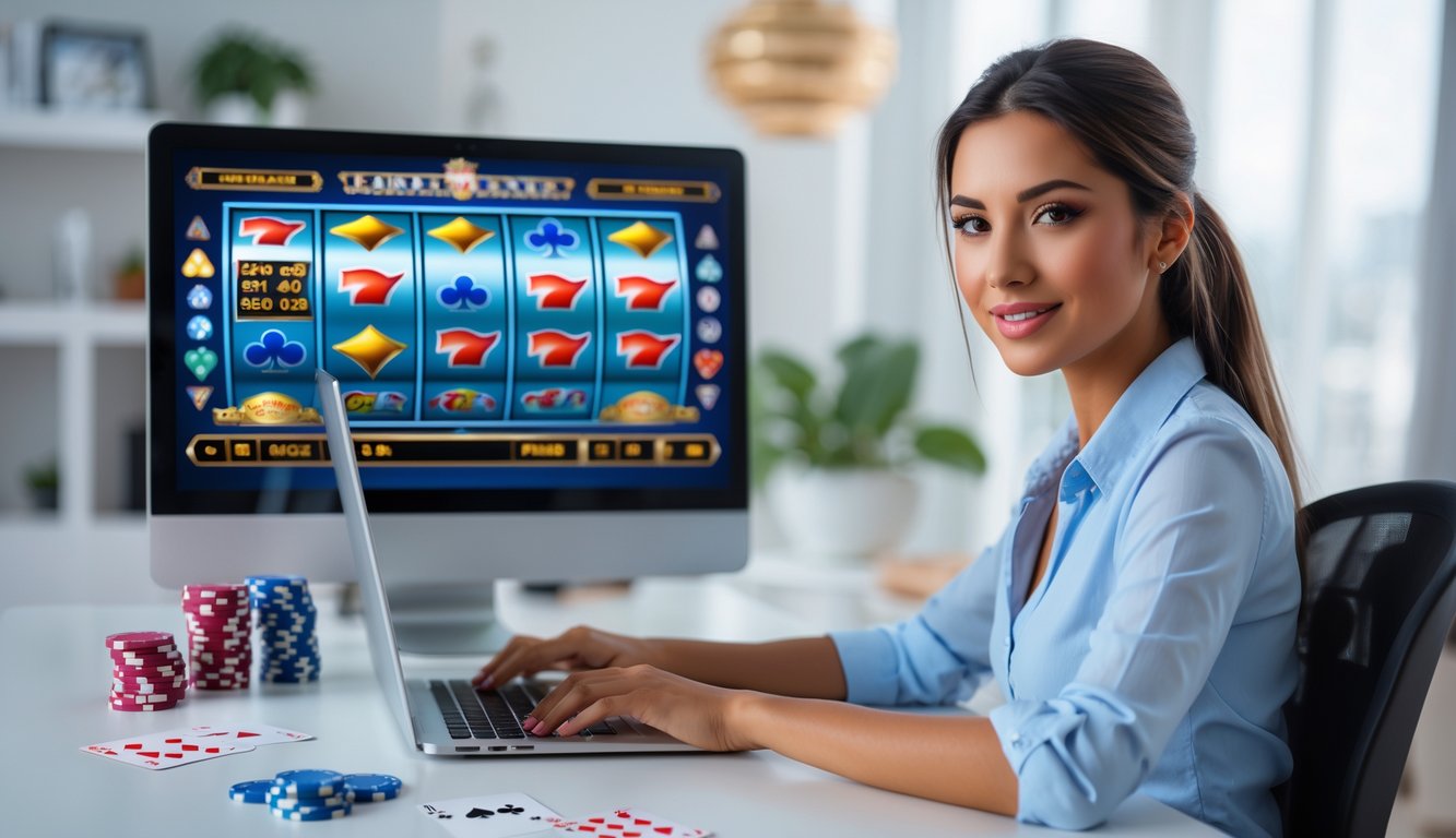 Seorang wanita muda duduk di meja dengan laptop di ruangan terang yang nyaman, dikelilingi oleh elemen permainan kasino seperti kartu remi dan chip poker.