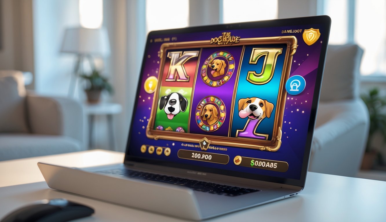 Sebuah komputer menampilkan permainan slot bertema anjing di lingkungan rumah yang nyaman dan aman.