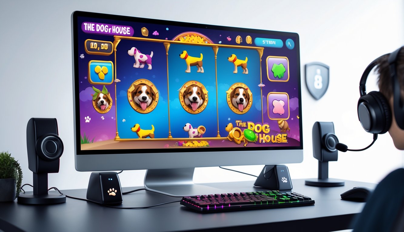 Sebuah meja kerja dengan komputer yang menampilkan permainan slot bertema anjing, dengan aksesori gaming di sekitarnya.