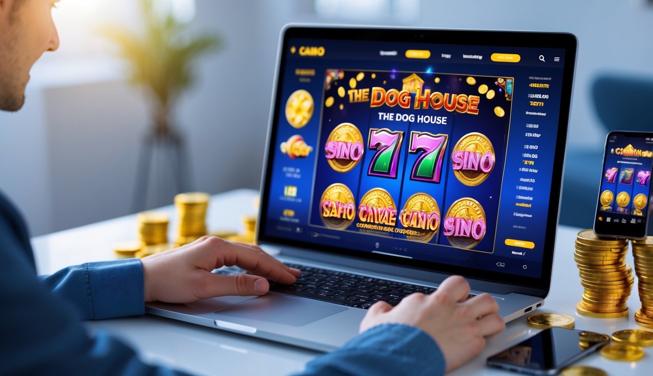 Seorang pria sedang menggunakan laptop dengan permainan slot anjing yang berwarna-warni di layar, di meja bersih dengan koin emas dan ponsel di sampingnya.