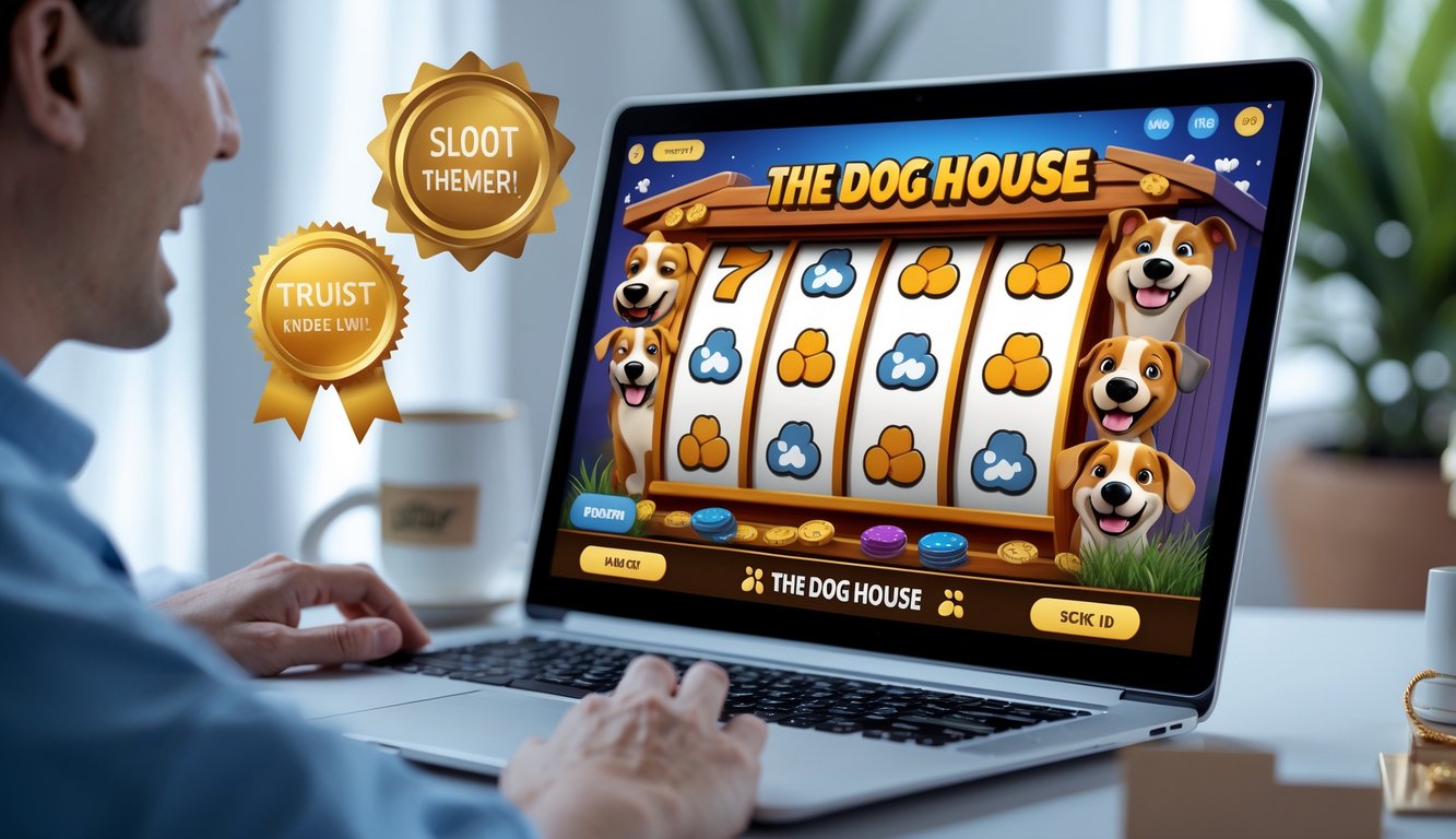 Seseorang sedang bermain permainan slot online bertema anjing di layar komputer dengan simbol tulang dan jejak kaki, dikelilingi oleh elemen yang menunjukkan kepercayaan dan promosi menarik.