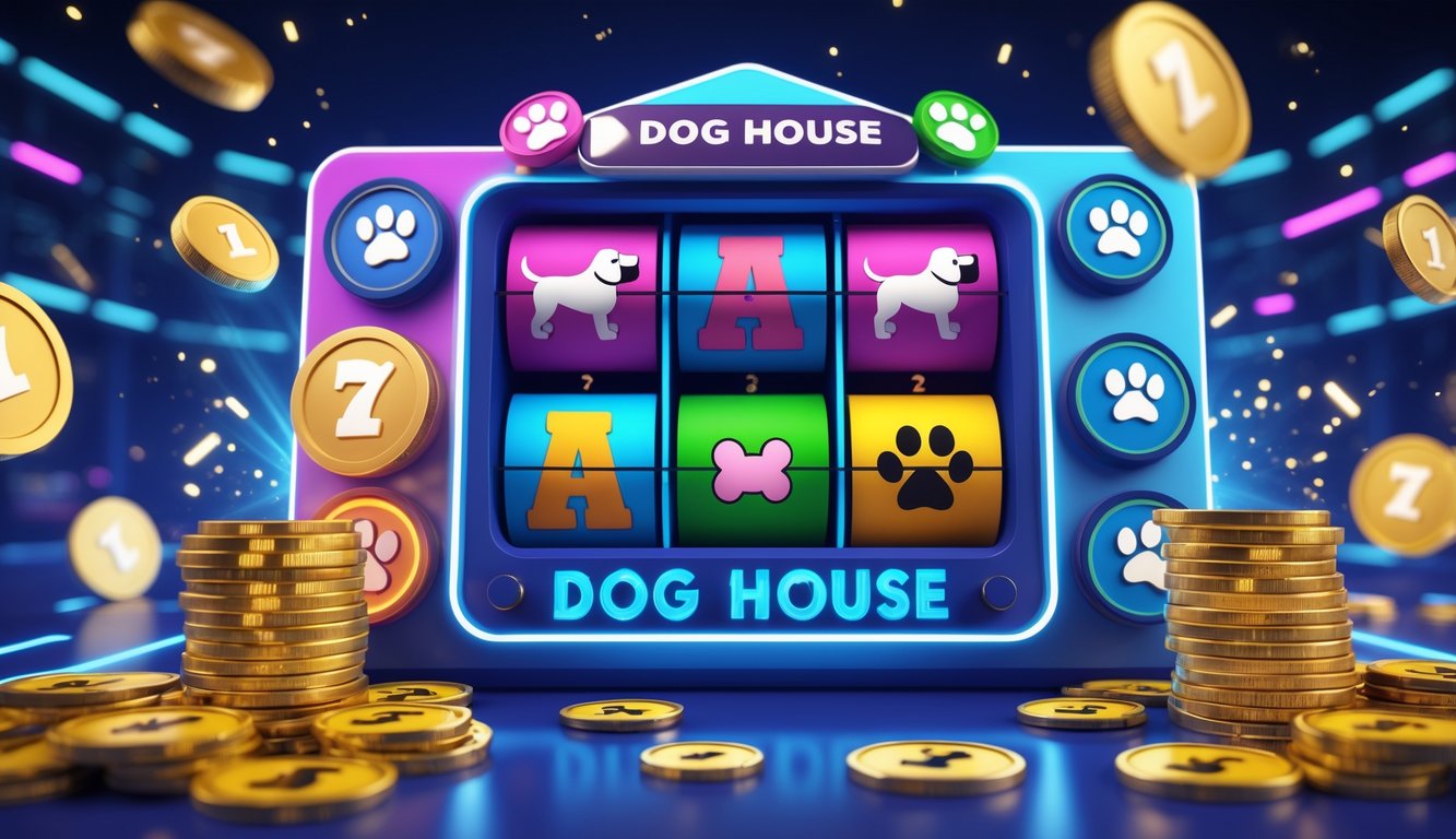 Tampilan mesin slot online dengan simbol anjing, tulang, dan rumah anjing di layar komputer yang menunjukkan suasana permainan dengan jackpot besar.