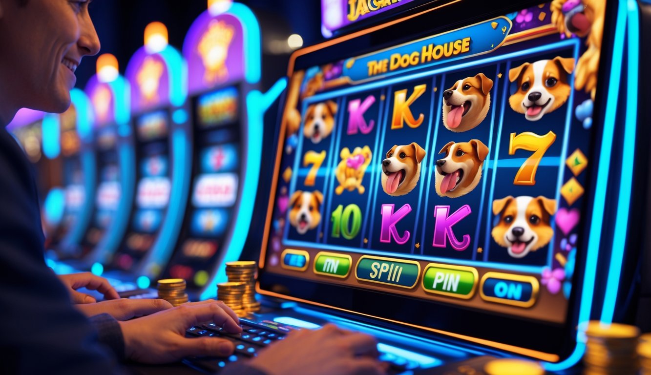 Seorang pengguna sedang bermain permainan slot online dengan tema anjing di layar komputer, dikelilingi oleh simbol kemenangan dan koin.