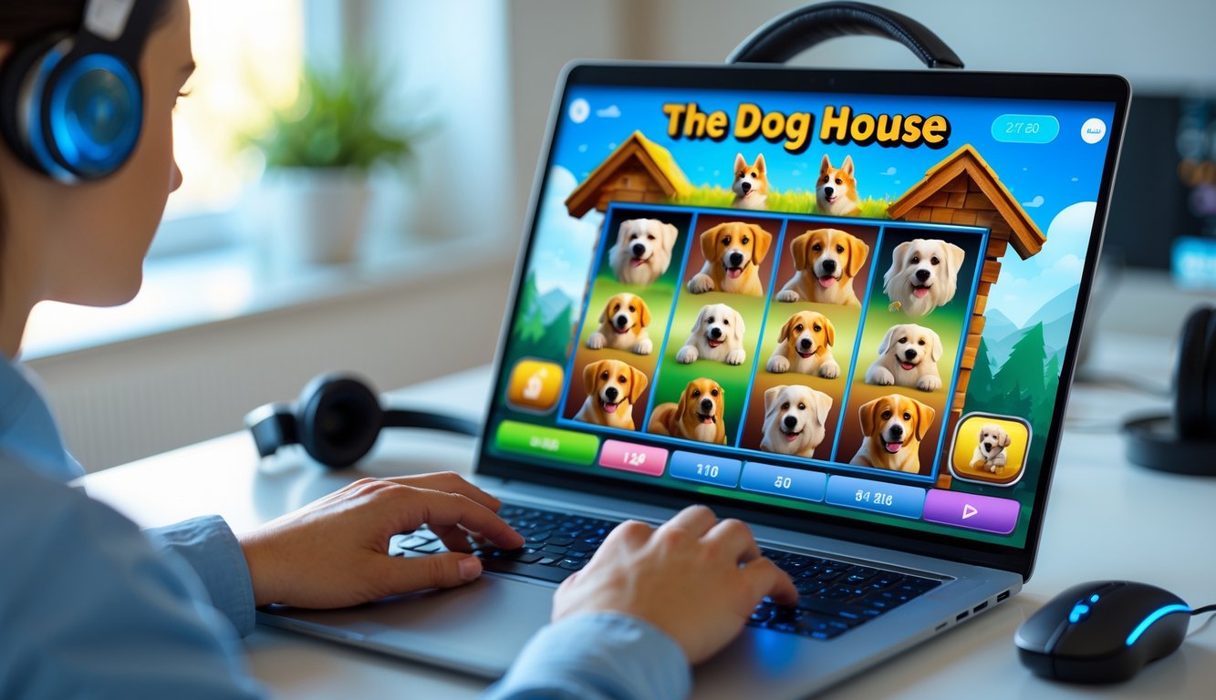 Seseorang bermain permainan slot online dengan tema rumah anjing di komputer di ruangan yang terang dan nyaman.