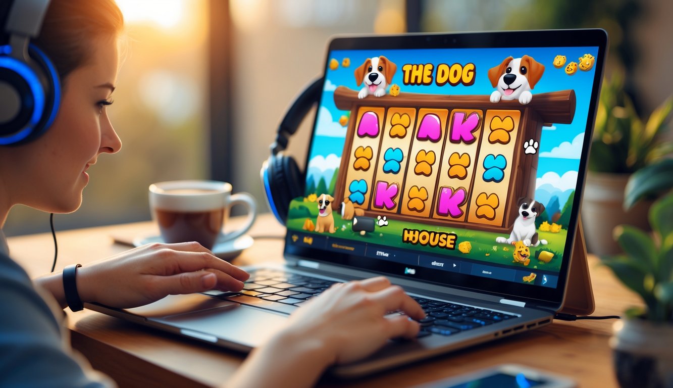 Seorang pemain sedang bermain permainan slot online dengan tema rumah anjing di layar komputer di meja kerja yang rapi.