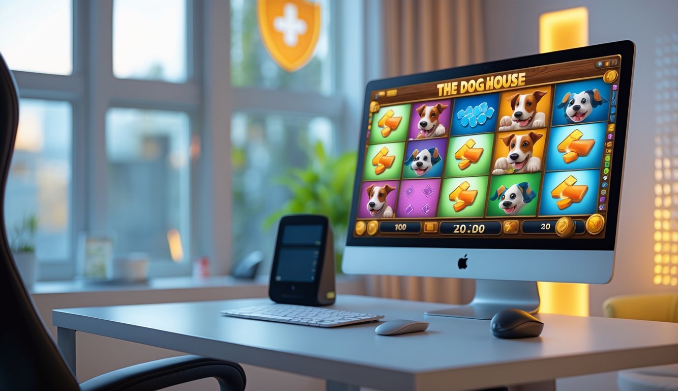 Sebuah meja komputer modern dengan layar menampilkan permainan slot bertema anjing, suasana nyaman dan profesional.