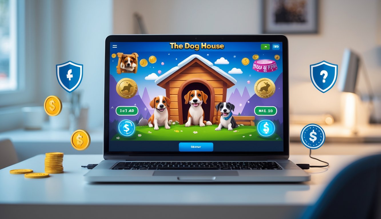 Seorang pengguna bermain permainan slot bertema rumah anjing di komputer dengan suasana ruang kerja yang nyaman dan elemen keamanan digital di sekitarnya.