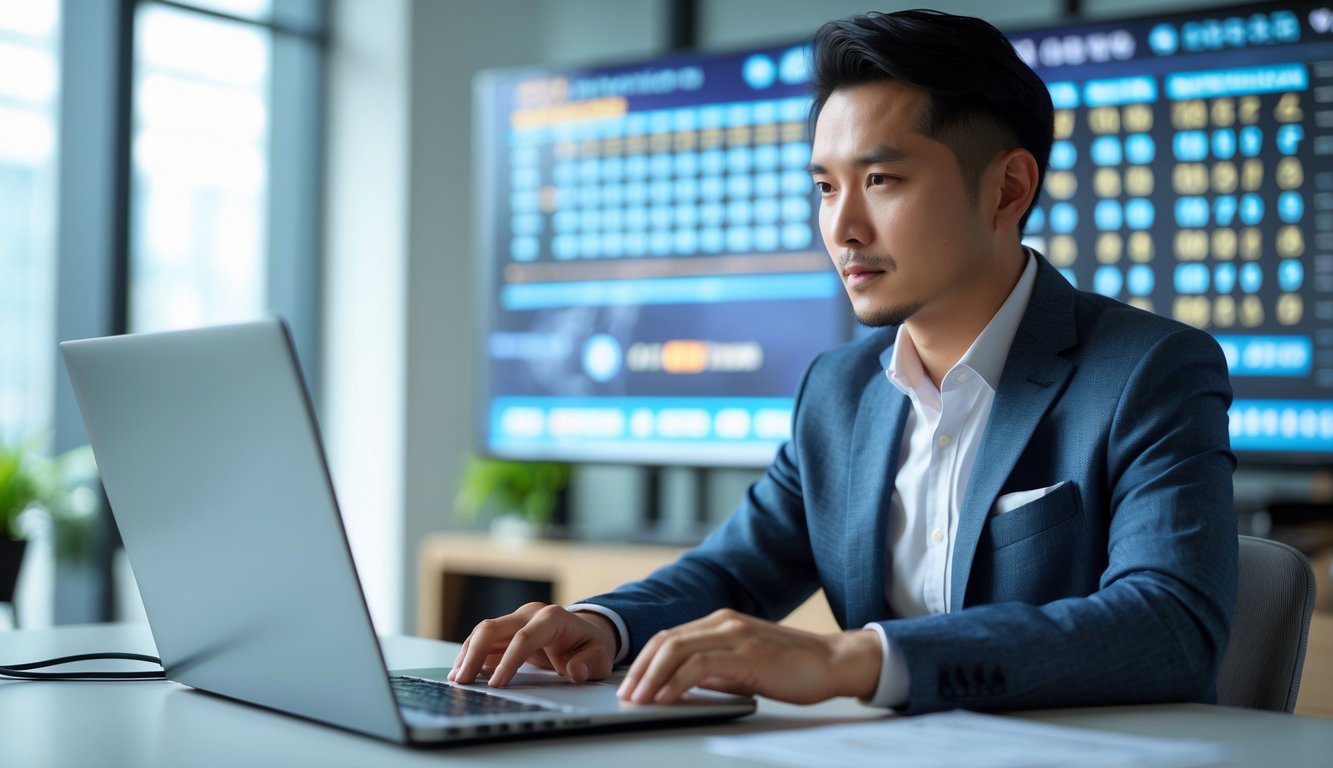 Seorang pria Asia duduk di meja modern dengan laptop, fokus menganalisis data lotere online di kantor yang terang dan bersih.