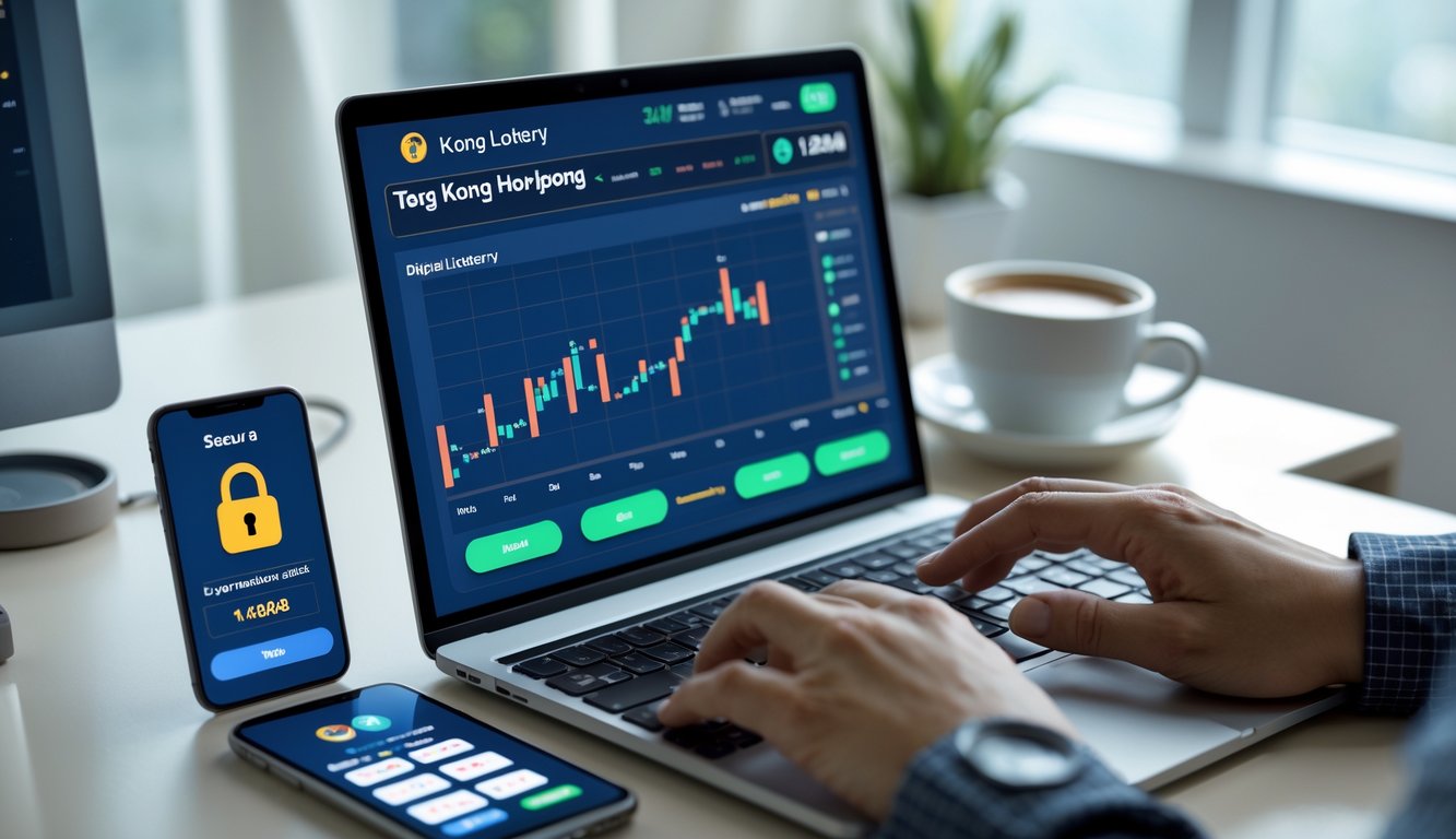 Seorang pengguna sedang bekerja di depan laptop dan smartphone di meja yang rapi, menampilkan aktivitas terkait permainan togel online dengan suasana yang aman dan terpercaya.