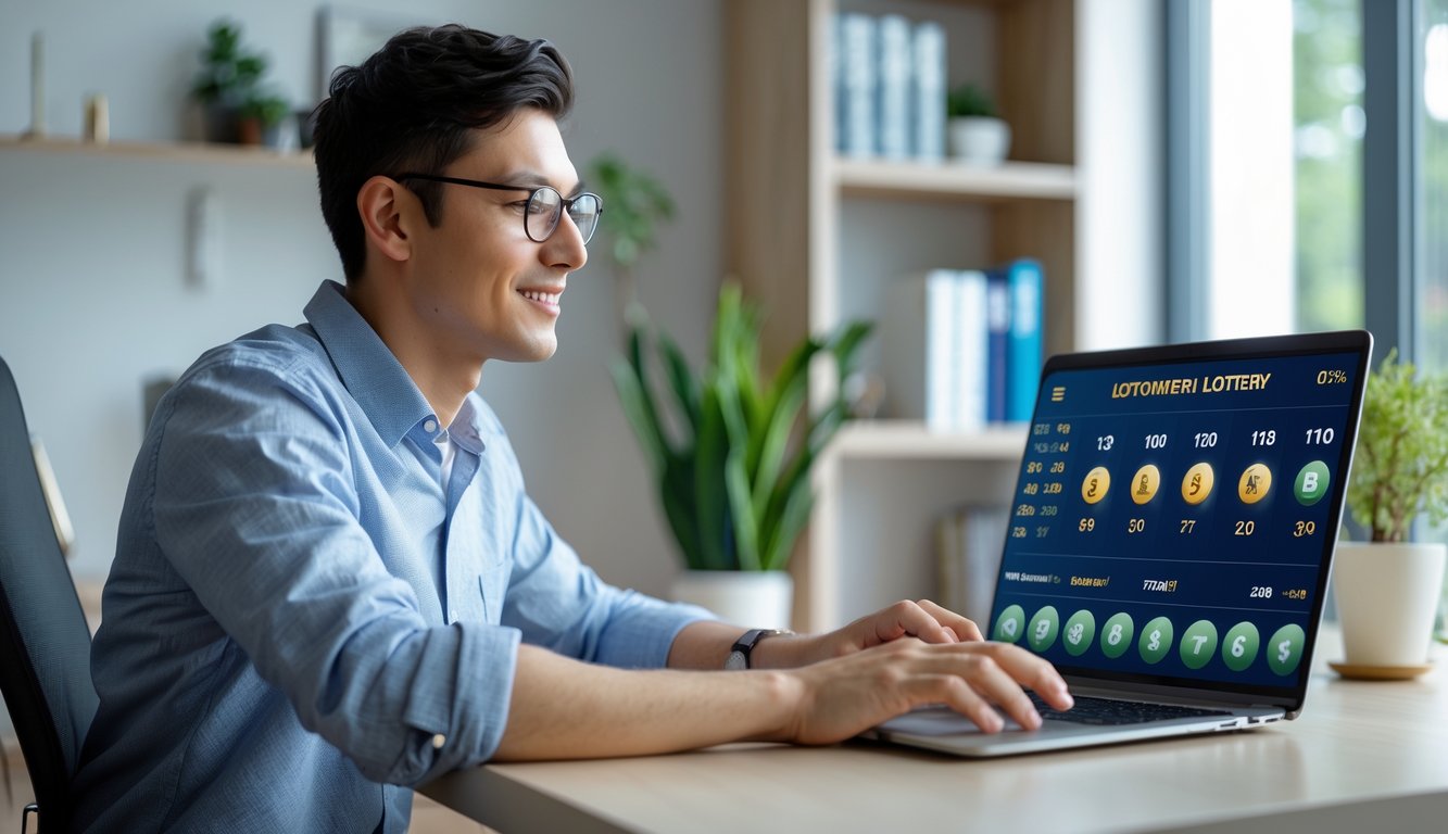 Seorang pria muda duduk di depan laptop di ruang kerja rumah yang rapi, fokus pada layar dengan antarmuka lotere online.