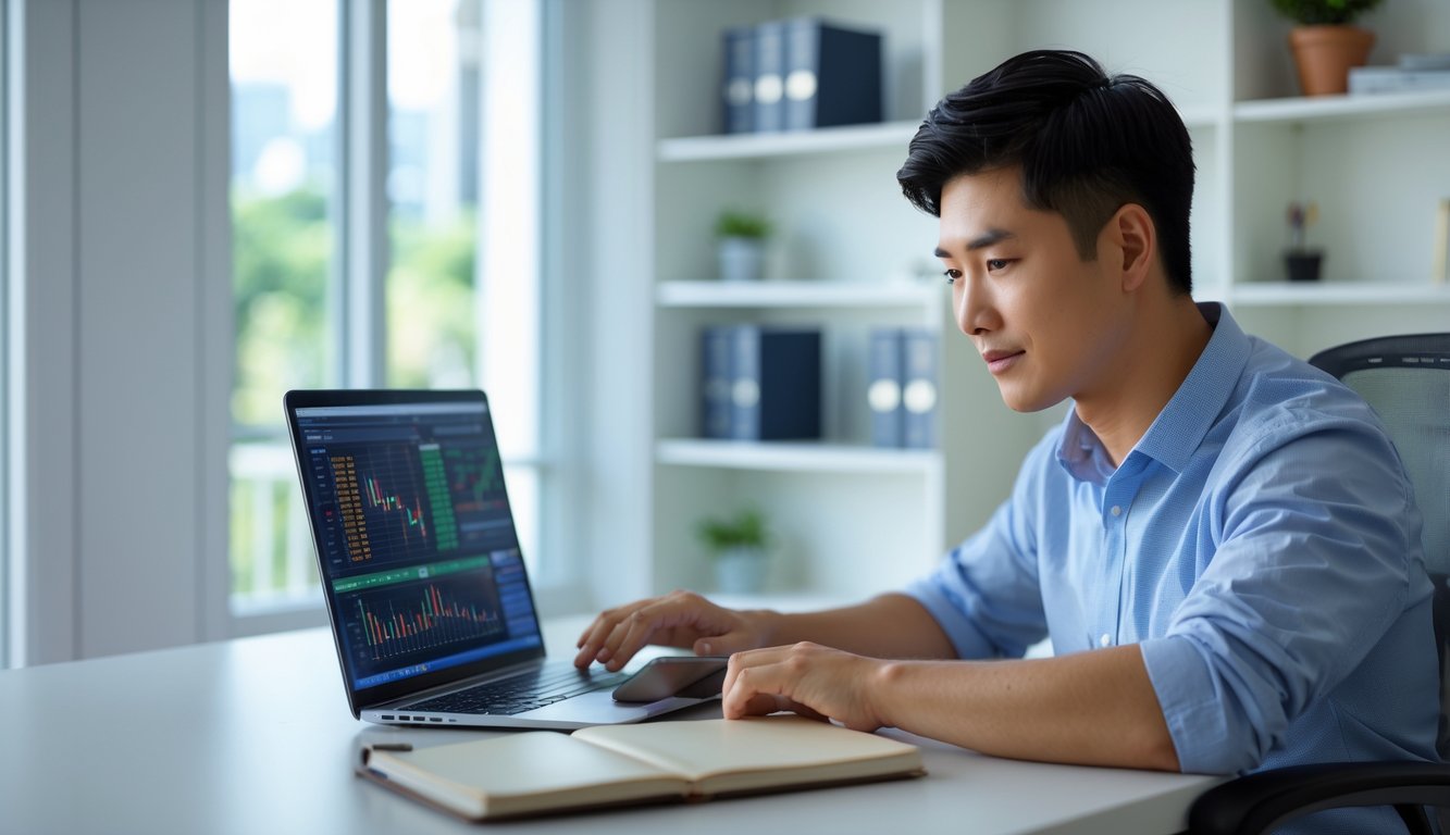 Seorang pria muda fokus menggunakan laptop di meja kerja di kantor rumah yang rapi dengan cahaya alami.