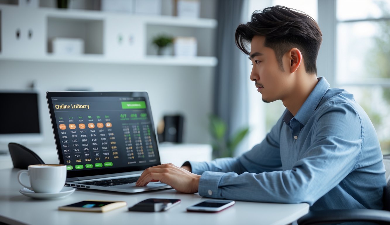 Seorang pria muda Asia duduk di meja kerja modern dengan laptop, fokus melihat layar yang menampilkan angka dan grafik terkait togel online.