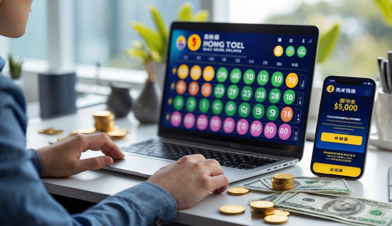 Seorang pria menggunakan laptop dan ponsel di meja kerja modern dengan tampilan angka lotere dan notifikasi bonus di layar.