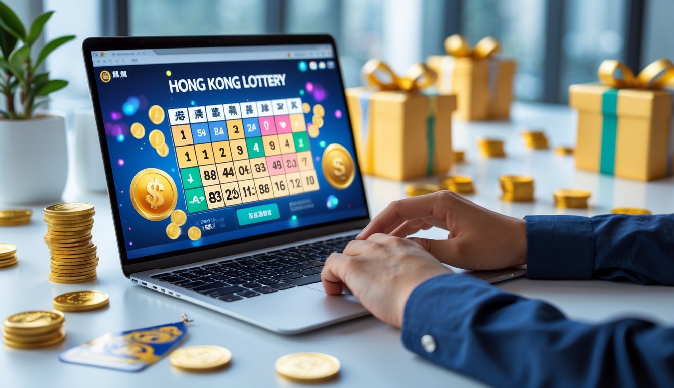 Seorang pengguna sedang menggunakan laptop dengan tampilan antarmuka lotere digital dan beberapa koin emas serta kotak hadiah di sekitarnya.