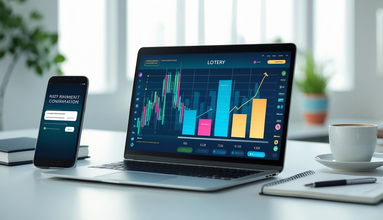 Sebuah ruang kerja modern dengan laptop dan ponsel menampilkan layar pembayaran cepat dalam suasana kantor yang terang dan rapi.