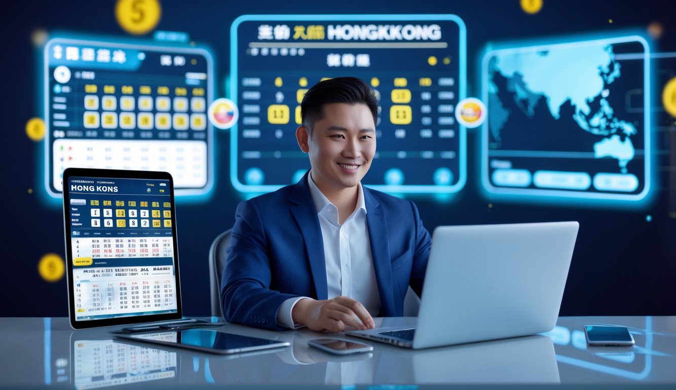 Seorang pria Asia berpakaian rapi duduk di meja dengan laptop dan ponsel yang menampilkan angka lotere dan grafik, dengan latar belakang peta digital Hong Kong dan ikon transaksi pembayaran cepat.
