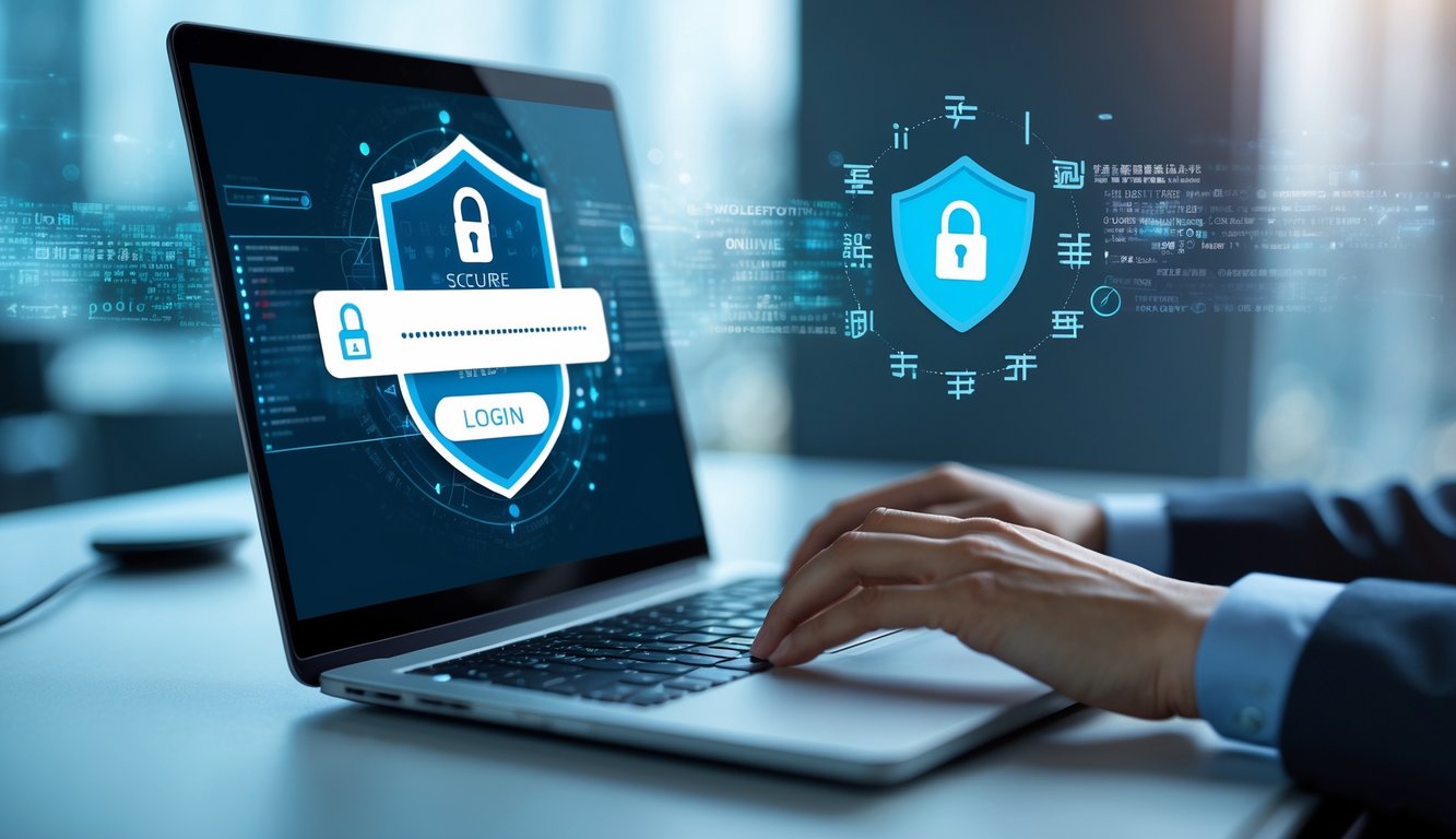 Seorang pengguna mengetik di laptop dengan layar yang menampilkan ikon keamanan, dikelilingi oleh elemen digital yang menunjukkan keamanan online.