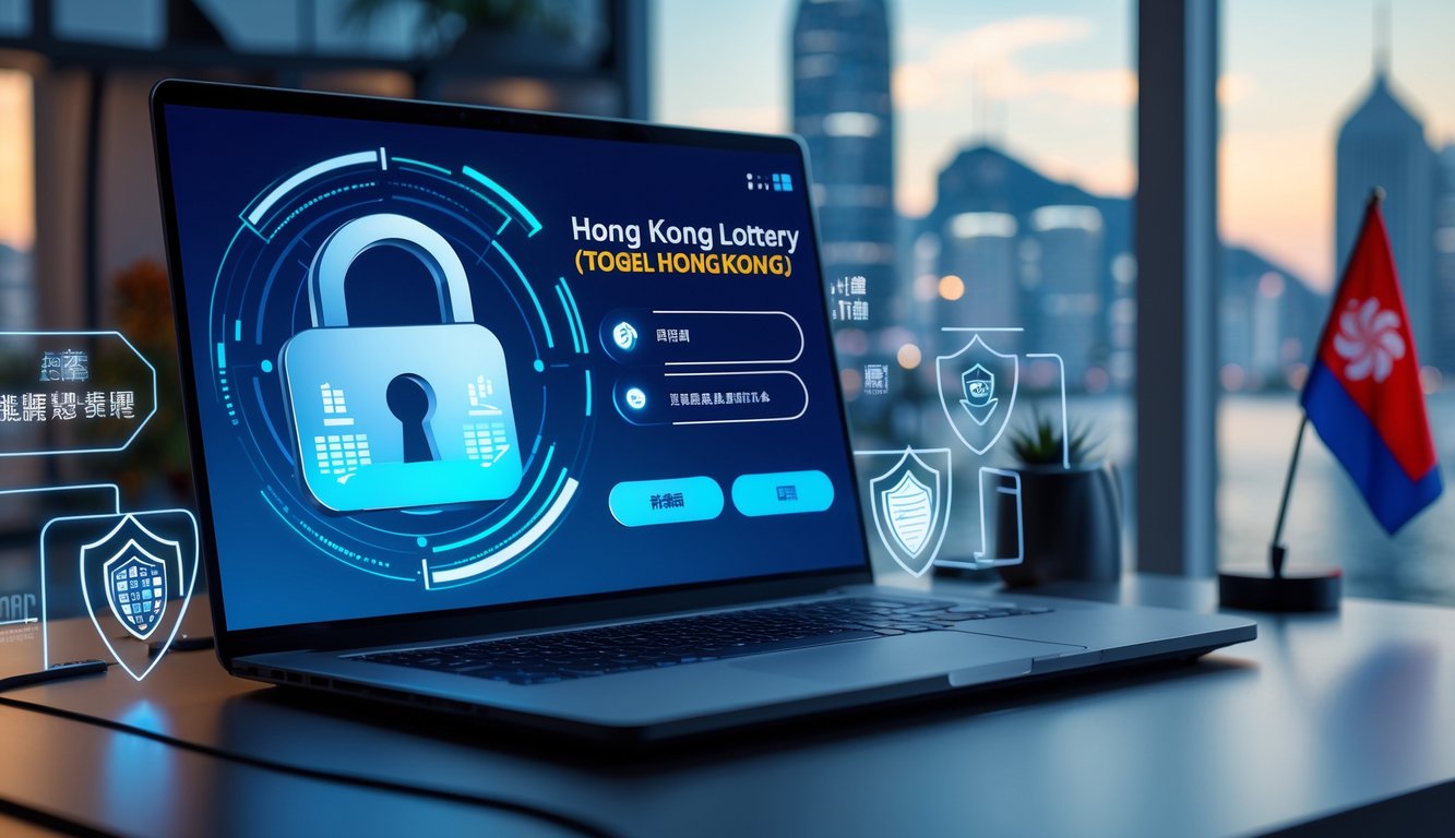 Seorang profesional menggunakan laptop di meja kerja dengan simbol keamanan digital dan latar belakang kota Hong Kong yang samar.