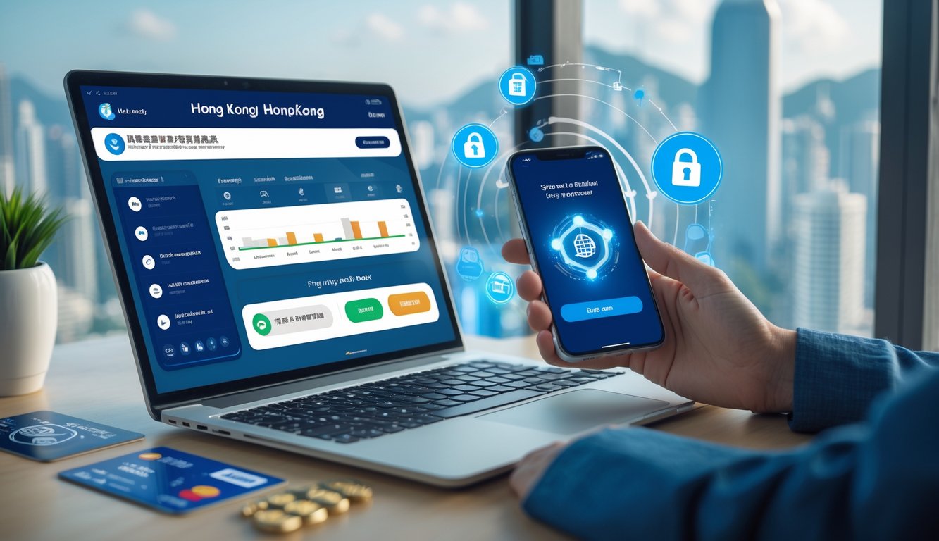 Seseorang menggunakan laptop dengan tampilan antarmuka lotere online dan ikon keamanan pembayaran di meja kerja modern.