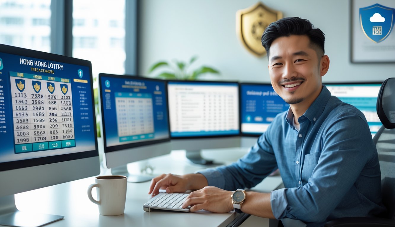 Seorang pria Asia tersenyum duduk di meja dengan beberapa layar komputer yang menampilkan angka lotre dan grafik, di kantor modern yang terang dan rapi.