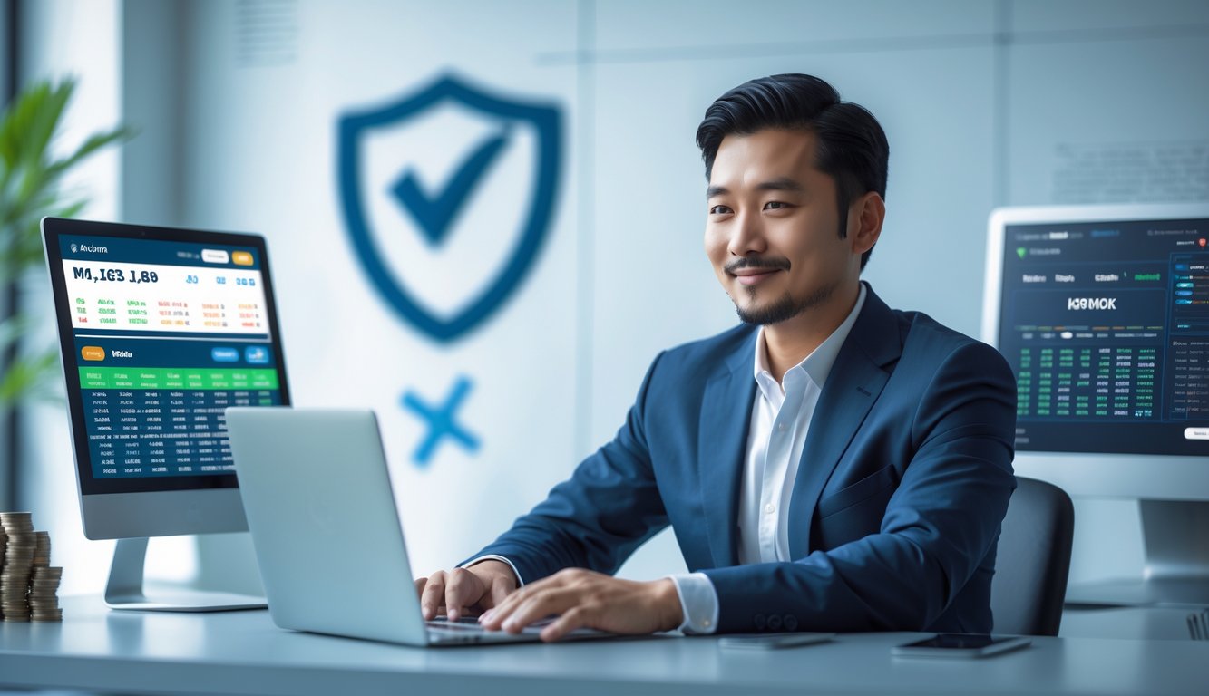 Seorang pria Asia berpakaian rapi duduk di meja modern dengan beberapa perangkat digital yang menampilkan data dan grafik terkait togel, di ruang kantor yang bersih dan profesional.