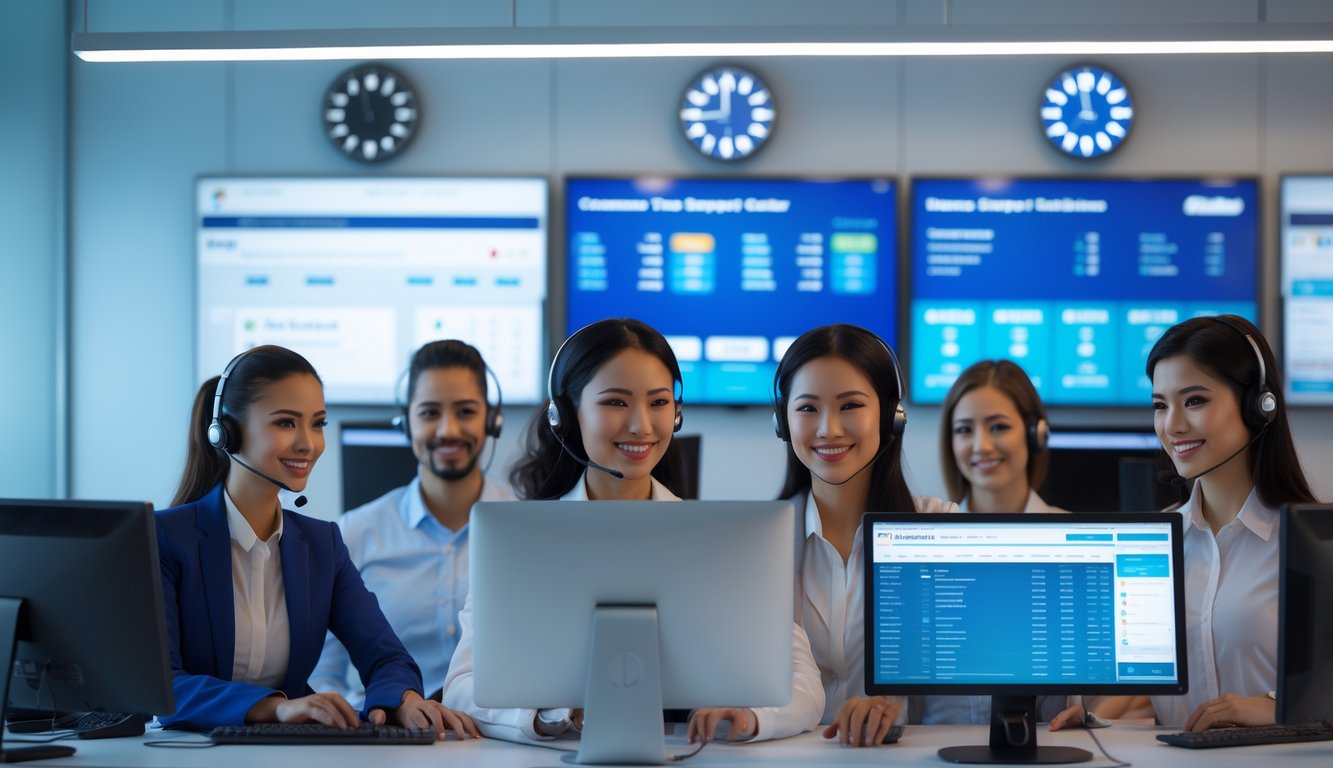 Tim layanan pelanggan sedang bekerja di kantor modern dengan komputer dan headset, siap membantu pelanggan sepanjang waktu.