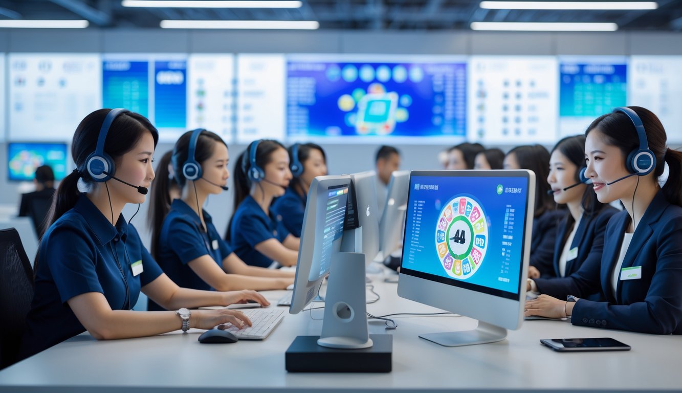 Seorang tim customer support bekerja di kantor modern dengan komputer dan headset, menunjukkan layanan pelanggan 24 jam untuk bandar togel online Hongkong.