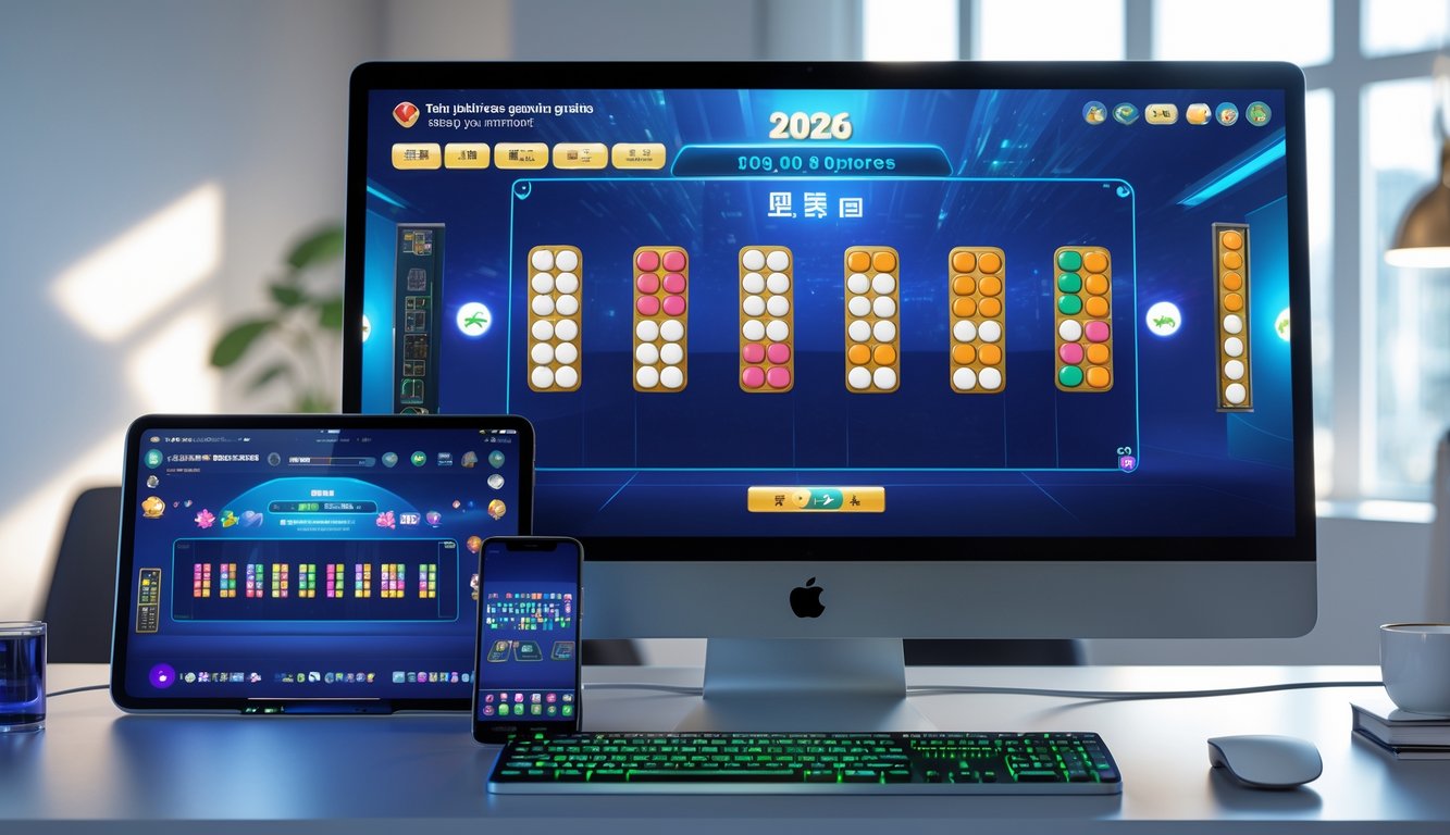 Sebuah ruang kerja modern dengan layar komputer menampilkan permainan mahjong digital dan perangkat lain yang menunjukkan permainan yang sama.