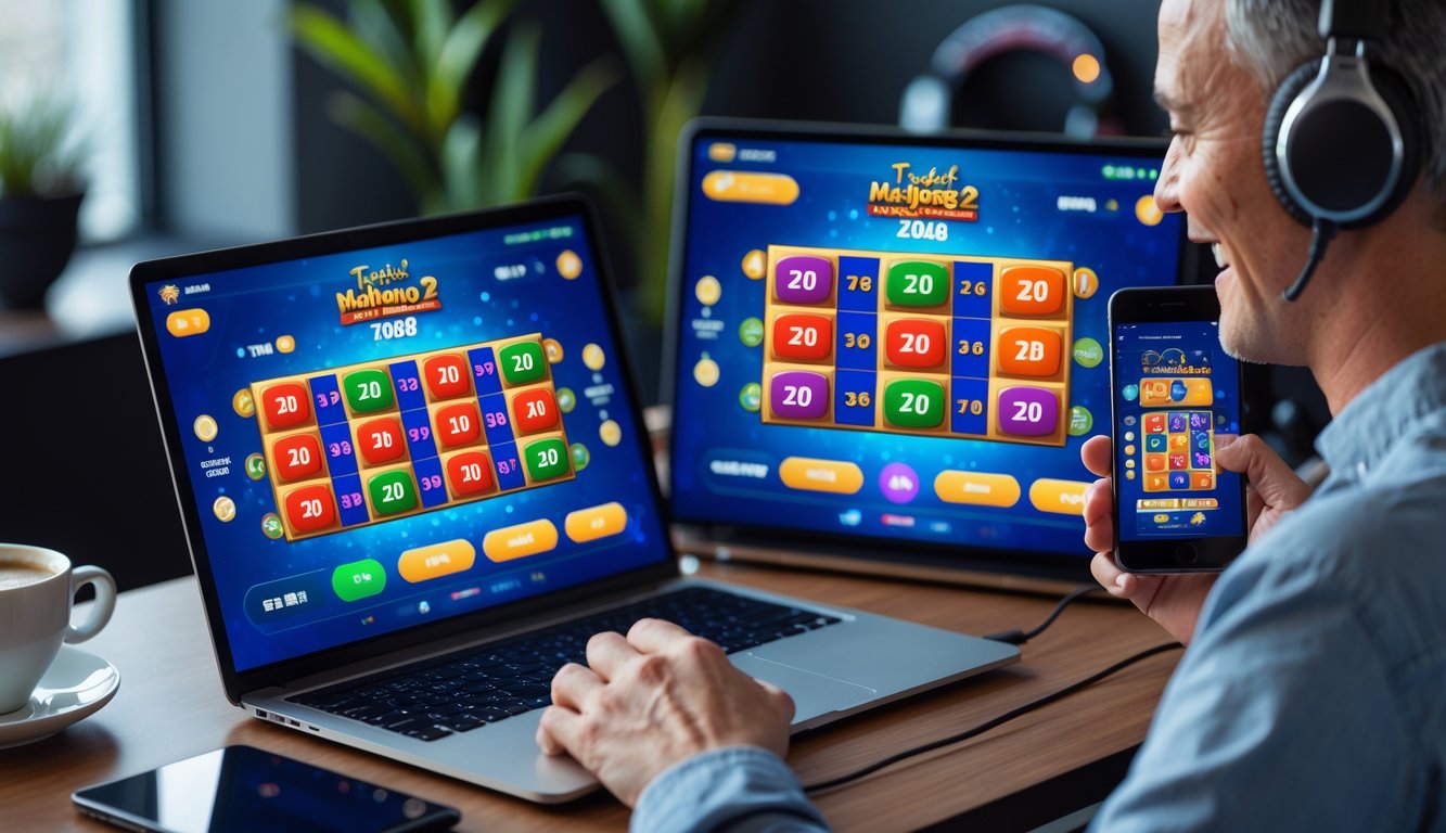 Seorang pemain dewasa menggunakan laptop dan ponsel untuk bermain permainan slot Mahjong 2 online dengan suasana ruang kerja yang nyaman.