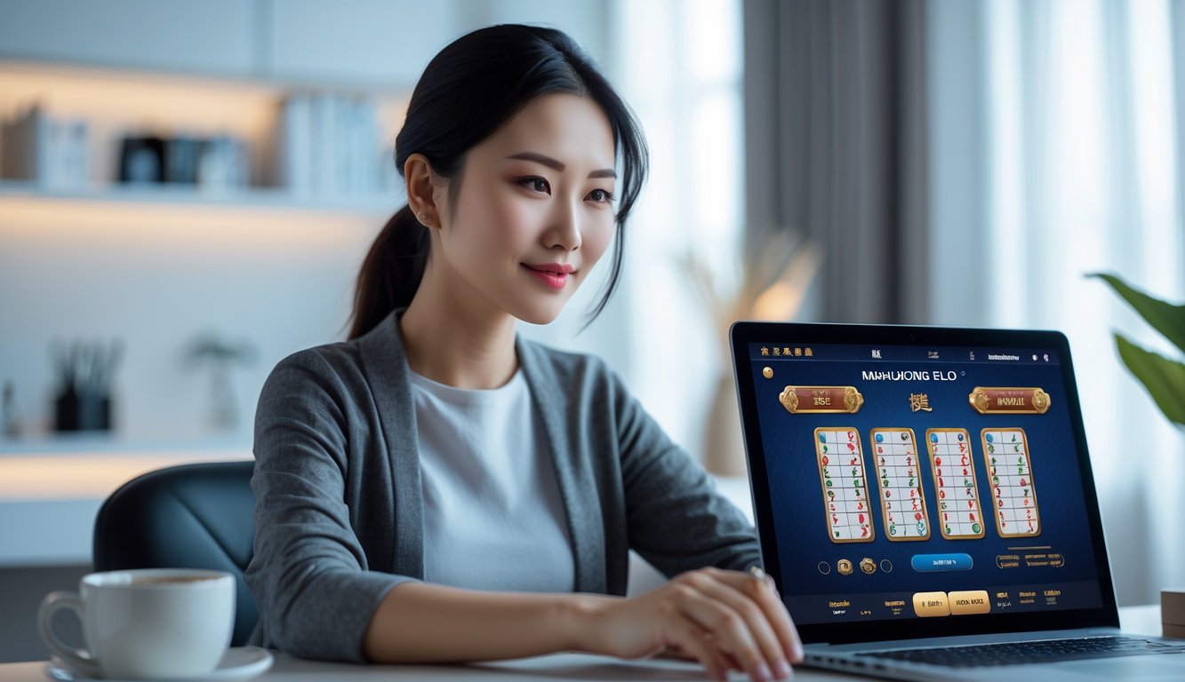 Seorang wanita muda duduk di depan laptop di meja modern, fokus pada layar yang menampilkan permainan Mahjong slot online.