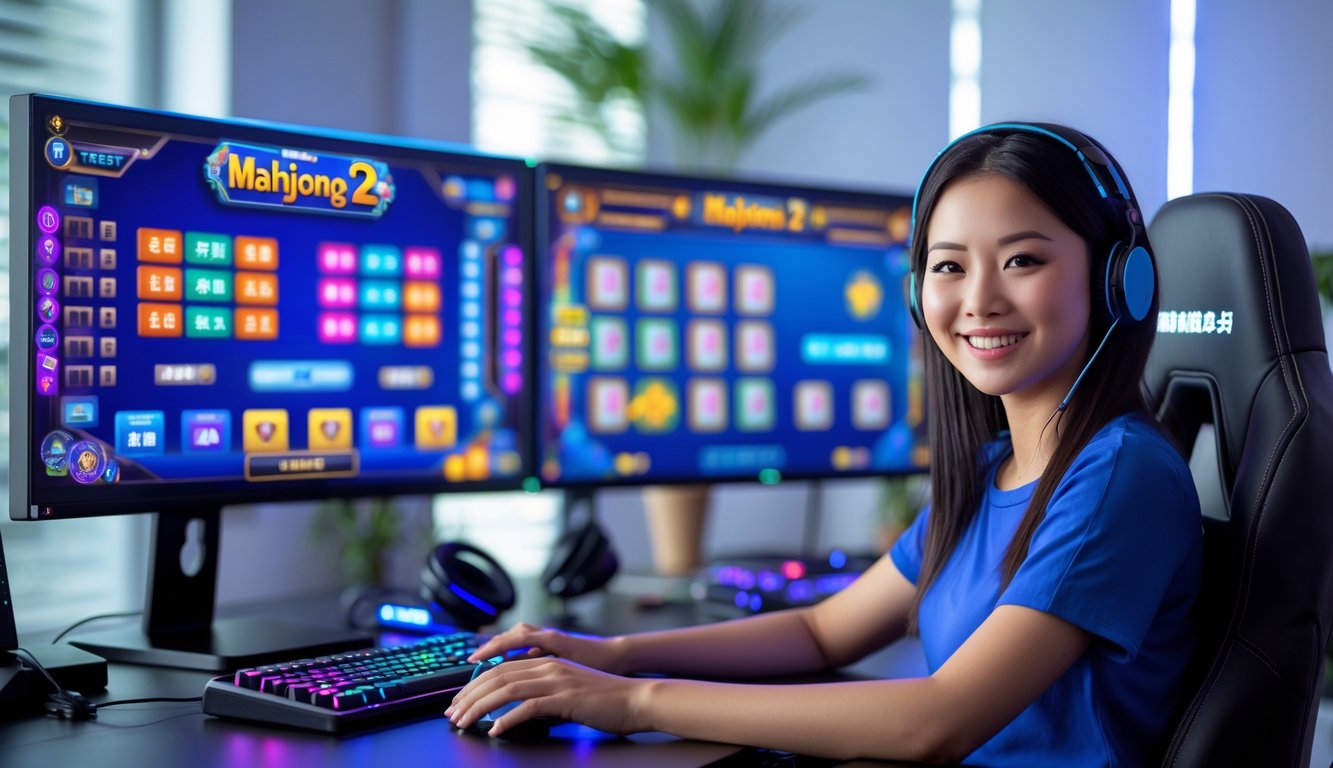 Seorang pemain muda duduk di meja gaming dengan beberapa monitor yang menampilkan permainan slot Mahjong 2 online, terlihat fokus dan tersenyum dalam suasana gaming yang rapi.