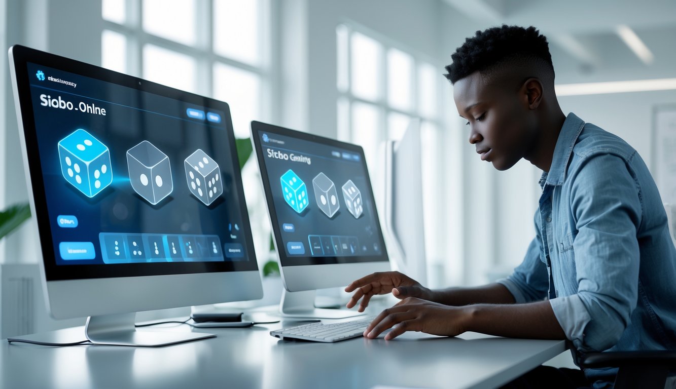 Seseorang menggunakan komputer dan ponsel untuk bermain permainan Sicbo online dengan tampilan permainan transparan.