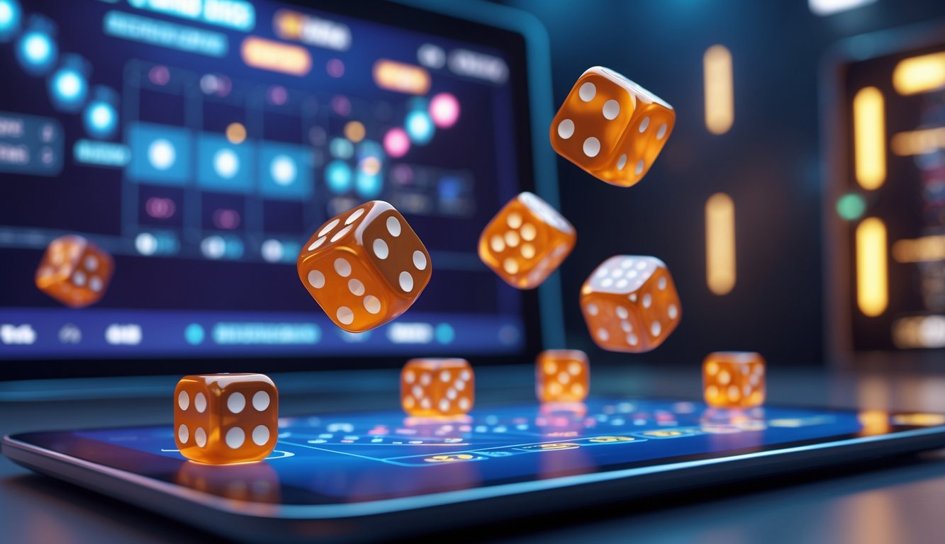 Tampilan layar komputer dengan permainan Sicbo online yang menampilkan dadu 3D sedang dilempar secara real-time.