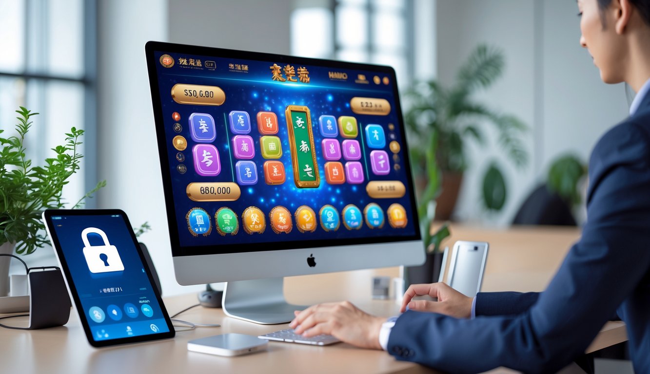 Orang menggunakan komputer dengan permainan slot mahjong digital di layar dalam ruangan kantor yang modern dan aman.