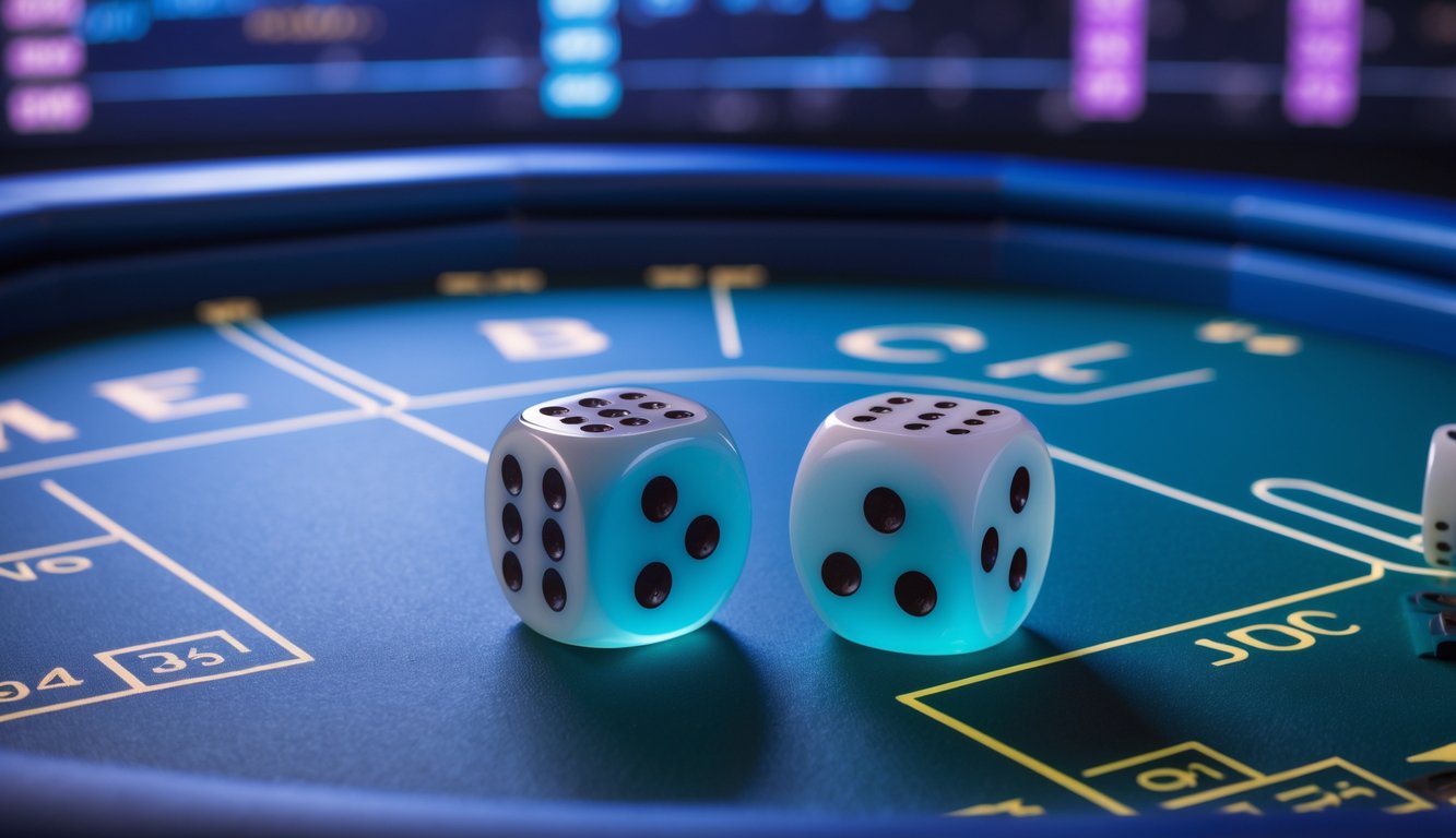 Meja permainan Sic Bo online dengan dadu dan area taruhan yang terlihat jelas dalam suasana yang dinamis.